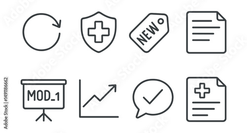 Line style icons of mod updates: update icon, patch badge, new content tag, changelog file, mod version board, content update chart, release bubble, patch notes symbol.