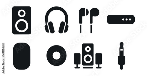 Solid style icons of audio output devices: speaker box icon, headphones, earbuds, soundbar icon, Bluetooth speaker, wired output port, surround sound icon, audio jack symbol.