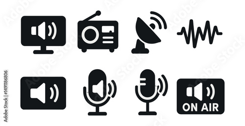 Solid style icons of live and real-time audio: live stream speaker, radio with waves, broadcasting sound, audio pulse icon, sound wave stream, realtime speaker badge, live recording volume, on-air