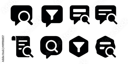 Solid style icons of chat search and filter: search in message, filter chat icon, keyword highlight bubble, search result thread, find in conversation, history scroll icon, bubble with magnifier,