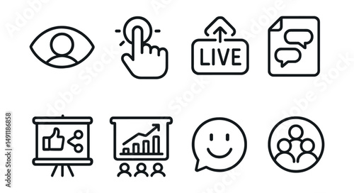 Line style icons of audience engagement: viewer icon, interaction badge, live poll tag, comment section file, likes and shares board, audience feedback chart, reaction bubble, community symbol.
