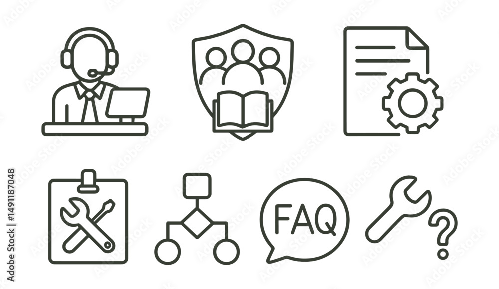 Line style icons of modding support: help desk icon, community support badge, tutorial session tag, technical assistance file, mod support board, troubleshooting chart, FAQ bubble, modding assistance Line style icons of modding support: help desk icon, community support badge, tutorial session tag, technical assistance file, mod support board, troubleshooting chart, FAQ bubble, modding assistance