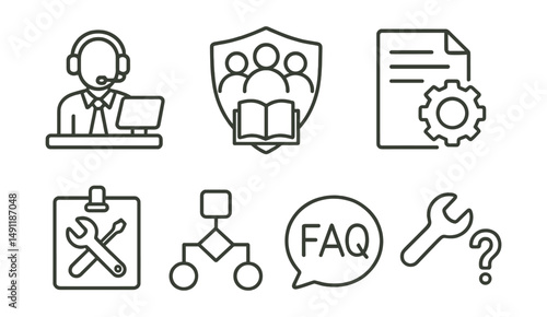 Line style icons of modding support: help desk icon, community support badge, tutorial session tag, technical assistance file, mod support board, troubleshooting chart, FAQ bubble, modding assistance