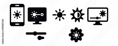 Solid style icons of screen brightness controls: mobile screen with brightness, desktop brightness toggle, brightness adjustment bar, brightness up icon, brightness down icon, settings with sun,