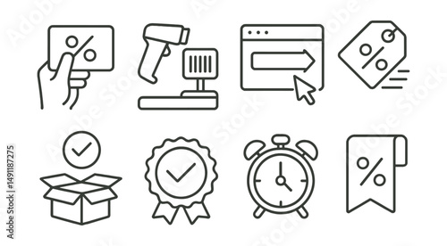 Line style icons of coupon usage process: receive promo card, scan at checkout, apply code icon, discount appears symbol, verify coupon box, redemption check icon, expiration timer, save coupon for