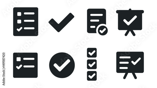 Solid style icons of task and checklist items: checklist icon, checked item, to-do completed, progress with tick, task confirmed, checklist circle, multi-check icon, done board.