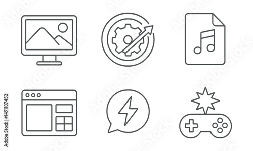 Line style icons of game enhancements: graphics mod icon, performance boost badge, physics mod tag, sound improvement file, UI mod board, texture pack chart, gameplay boost bubble, enhanced game