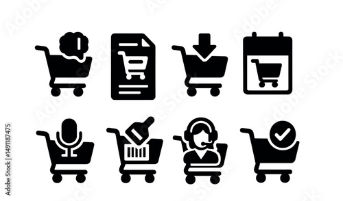 Solid style icons of smart cart features: AI cart suggestion, smart list icon, cart with auto-fill, predictive purchase icon, voice-to-cart, cart scanner icon, cart assistant badge, product match
