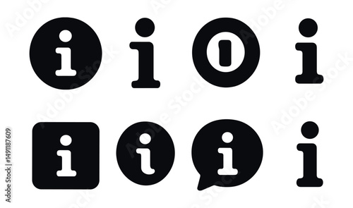 Solid style icons of general information: info circle icon, classic “i” symbol, rounded info badge, minimal info mark, lowercase i in square, help info icon, bubble info mark, center-aligned “i”.