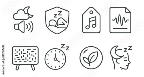 Line style icons of sleeping aid alarms: sleep sounds icon, guided sleep badge, lullaby tag, calming wave file, white noise board, rest time chart, relaxation bubble, sleep assistance symbol.