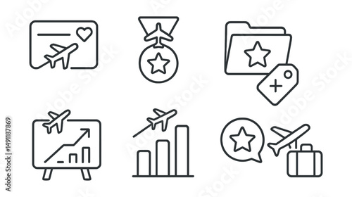 Line style icons of travel rewards: loyalty program icon, frequent flyer badge, rewards point tag, VIP status file, travel upgrade board, bonus miles chart, exclusive offer bubble, travel benefits