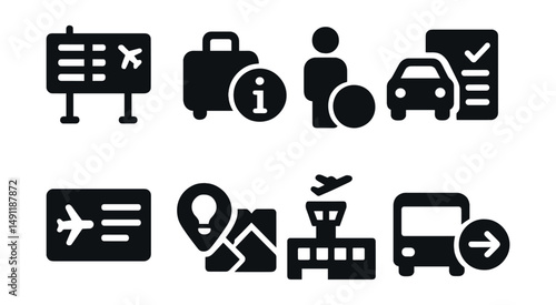 Solid style icons of travel and logistics info: flight info board, baggage info icon, hotel check-in “i”, rental policy icon, boarding info sheet, trip planner hint, airport terminal info, transit