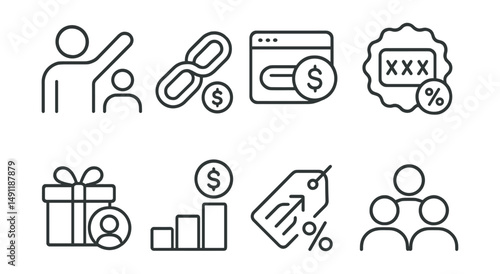 Line style icons of referral and invite bonuses: invite-a-friend icon, referral bonus chain, referral link + reward, invite code bonus badge, successful invite gift, tiered referral reward, share and