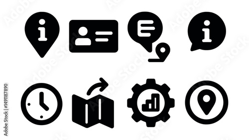 Solid style icons of location and venue info: map pin with info, venue card icon, location details bubble, address “i”, hours of operation icon, directions info, facility details icon, local info