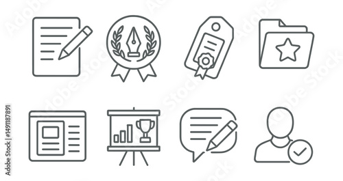 Line style icons of literary competitions: writing contest icon, poetry badge, essay challenge tag, storytelling file, literary magazine board, literary award chart, writing competition bubble,