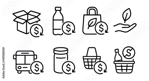 Line style icons of eco cashback ideas: cashback for eco-packaging, return-for-reward bottle, reusable bag + cashback, low-carbon action reward, public transport + cashback, bring-your-own-container