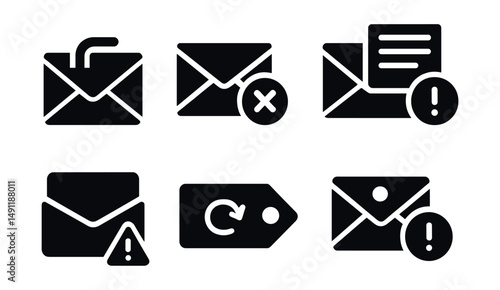 Solid style icons of email and communication alerts: bounced message icon, delivery failed alert, blocked email warning, newsletter error badge, inbox warning, spam tag, unverified sender alert,