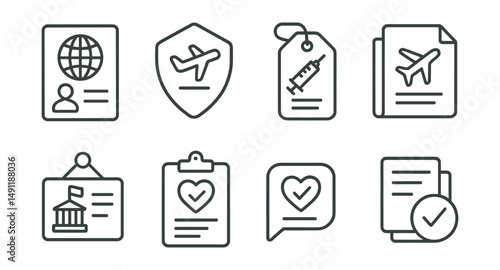 Line style icons of travel documents: visa icon, travel insurance badge, vaccination certificate tag, ticket booking file, embassy contact board, health check chart, travel permit bubble, required