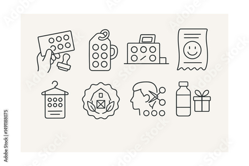 Line style icons of loyalty in local business: handwritten card stamp, coffee shop loyalty tag, loyalty card at counter, hand-drawn smiley on receipt, boutique punch card, farmer’s market badge,