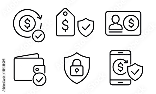 Line style icons of cashback security: secure refund transfer, verified cashback tag, ID check + refund symbol, confirmed wallet return, encrypted cashback icon, anti-fraud cashback tool, authorized