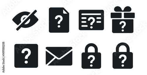 Solid style icons of unknown content: hidden content icon, mystery file, blurred preview with question, unrevealed item, surprise box with “?”, placeholder icon, unknown sender, question on lock.