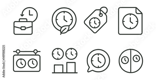 Line style icons of interval timers: work time icon, rest break badge, alternating timer tag, session timer file, work-rest board, focus periods chart, interval countdown bubble, split-time symbol.