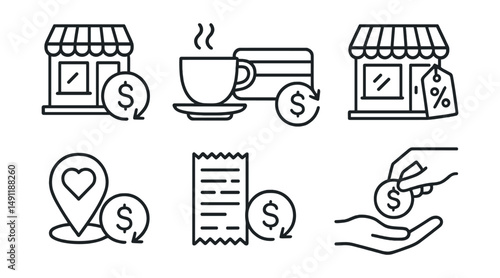 Line style icons of cashback in local stores: corner shop refund icon, café + cashback card, market return ticket, boutique with percentage tag, loyalty + local reward, printed receipt cashback, face