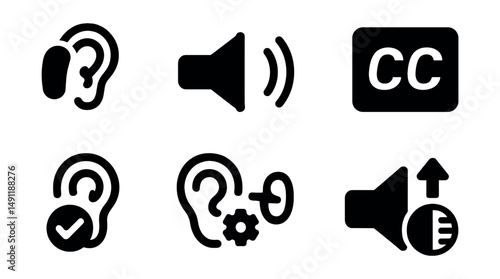Solid style icons of accessibility sound tools: hearing aid icon, amplified audio icon, audio captions icon, sound frequency balance, sound clarity icon, hearing settings, assistive volume boost,