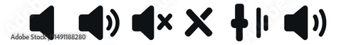 Solid style icons of volume states: speaker icon, medium volume, loud sound waves, muted speaker, volume off with cross, adjustable sound icon, low volume dot, speaker with bars.