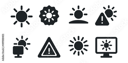 Solid style icons of daylight and outdoor brightness: full sun icon, bright day badge, outdoor visibility icon, sunlight alert, outdoor mode, glare warning, max brightness icon, sunny display icon.