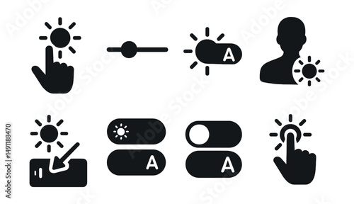 Solid style icons of manual vs automatic brightness: hand adjusting sun icon, manual slider icon, toggle auto brightness icon, brightness with human figure, light detection icon, toggle vs auto,