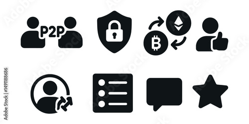 Solid style icons of peer-to-peer crypto apps: P2P icon, escrow lock, direct swap, buyer rating, user trade badge, offer list, chat payment, feedback star.