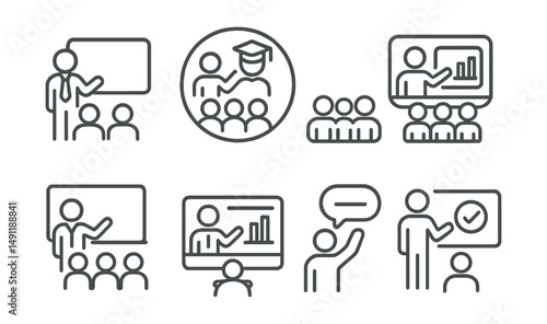 Line style icons of presenting to different audiences: business audience icon, educational crowd badge, virtual audience tag, conference room file, classroom board, remote viewer chart, audience
