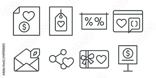 Line style icons of charity sale promotional tools: flyer with donation icon, charity sale poster, banner with % goes to cause, pop-up message + heart, email promo with cause tag, social share +