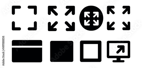 Solid style icons of fullscreen actions: expand screen icon, enter fullscreen arrows, fullscreen toggle button, screen corners outward, full window mode, maximize icon, fullscreen square, monitor