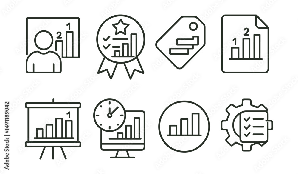 Line style icons of productivity leaderboards: work performance icon, task efficiency badge, completion ranking tag, productivity score file, task leaderboard board, time management chart, Line style icons of productivity leaderboards: work performance icon, task efficiency badge, completion ranking tag, productivity score file, task leaderboard board, time management chart,