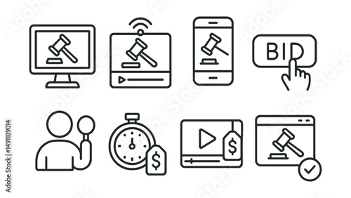 Line style icons of auction platforms: online bidding screen, live stream auction icon, app with hammer icon, bid now button, user in auction session, countdown timer + offer, video + item tag, bid