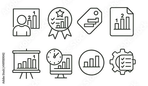 Line style icons of productivity leaderboards: work performance icon, task efficiency badge, completion ranking tag, productivity score file, task leaderboard board, time management chart,