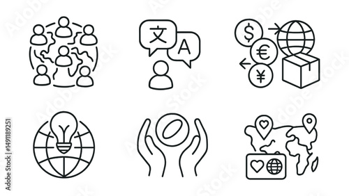 Line style icons of international crowdfunding: global supporters map, multilingual updates icon, currency switch icon, overseas delivery option, worldwide project badge, cultural exchange symbol,