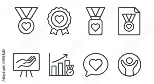 Line style icons of volunteer medals: volunteer medal icon, community service badge, charitable achievement tag, volunteer award file, helping hand board, social contribution chart, impact bubble,