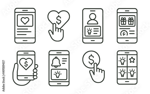 Line style icons of crowdfunding in mobile apps: campaign feed icon, quick pledge icon, mobile profile + projects, swipe through rewards, donate via phone, push notification + update, tap-to-give