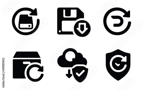 Solid style icons of backup and restore: update with backup icon, restore after refresh, save before update, rollback symbol, archive and refresh icon, update with cloud download, safe update badge,