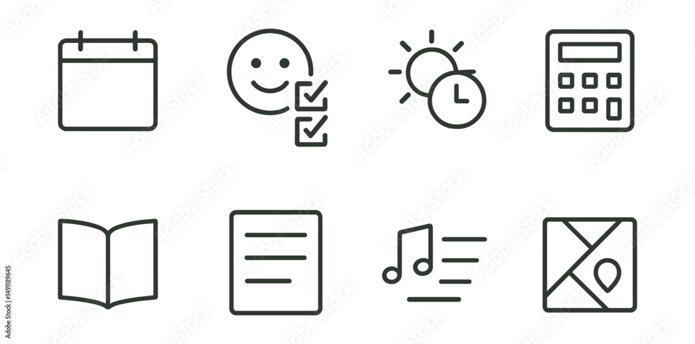 Line style icons of minimalist lifestyle apps: one-calendar app, mood + task combo app, weather + time icon, single-purpose calculator, light-mode reader, plain notes icon, focused playlist tool, map Line style icons of minimalist lifestyle apps: one-calendar app, mood + task combo app, weather + time icon, single-purpose calculator, light-mode reader, plain notes icon, focused playlist tool, map