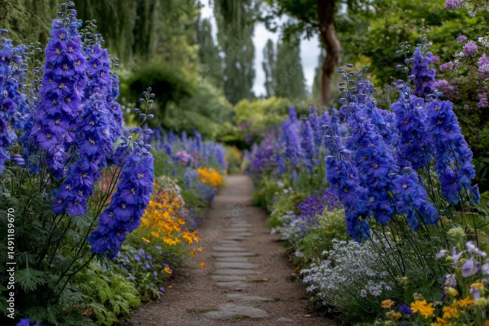 Obraz premium Garden path flanked by vibrant blue delphiniums, creating a picturesque vista leading towards distant lush foliage
