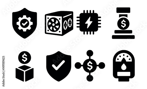 Solid style icons of mining and minting: proof of work badge, mining rig, hash power icon, coin mint icon, block reward, validator badge, staking node, gas meter.