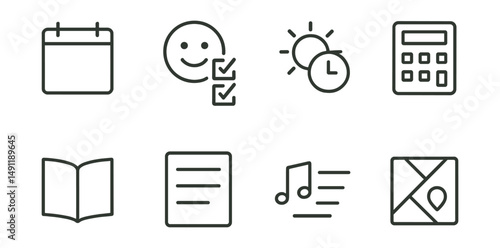 Line style icons of minimalist lifestyle apps: one-calendar app, mood + task combo app, weather + time icon, single-purpose calculator, light-mode reader, plain notes icon, focused playlist tool, map