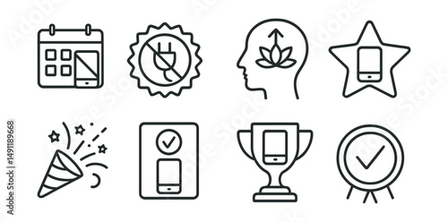 Line style icons of reward systems for digital balance: day off screen medal, weekly unplug badge, level up from mindfulness, screen-free star icon, celebration of offline evening, digital goal