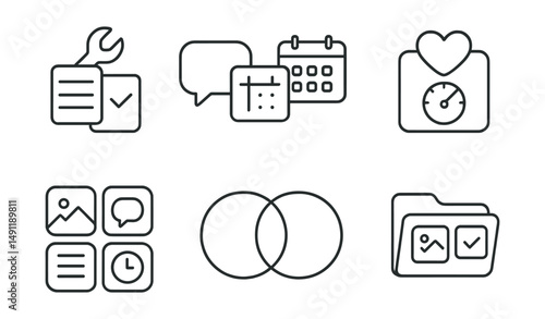 Line style icons of app consolidation: single tool for notes & tasks, messages + calendar combo, all-in-one wellness tracker, app suite box, essential app bundle, feature overlap diagram, unify tool