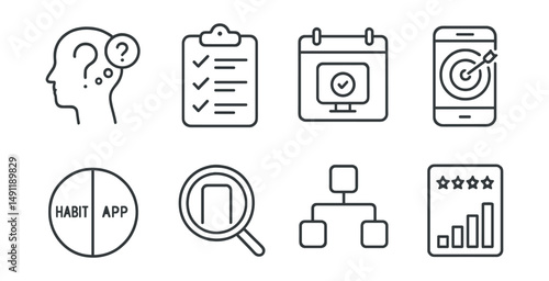 Line style icons of visual reflection on use: “why this app?” thought icon, daily app audit list, screen goal calendar, usage time with purpose, habit vs app wheel, screen value check, declutter