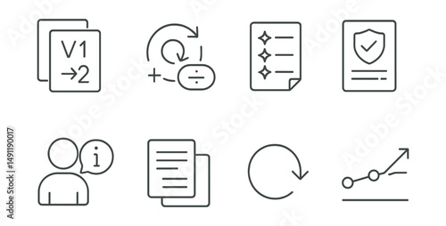 Line style icons of transparency in updates: version change log, update + what changed tag, new features breakdown icon, change policy notice, explain update icon, patch note card, rollback option